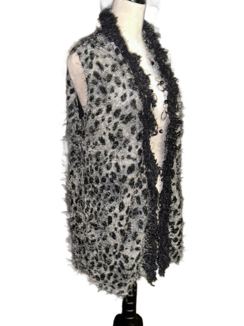 Lady Noiz ~ X-Large ~ Leopard ~ Black ~ Fuzzy Faux Feather ~ Cardigan Vest